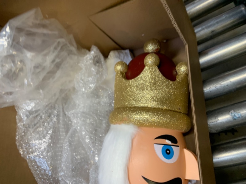 Photo 4 of 42" Christmas Nutcracker Musical Animated 3.75 Ft Tall Life-Size Large Giant Red Christmas Velvet Nutcracker King On Stand Moving Hands Sings Holding Golden Light up Scepter Indoor Decoration --- Box Packaging Damaged, Moderate Use, Scratches and scuffs o