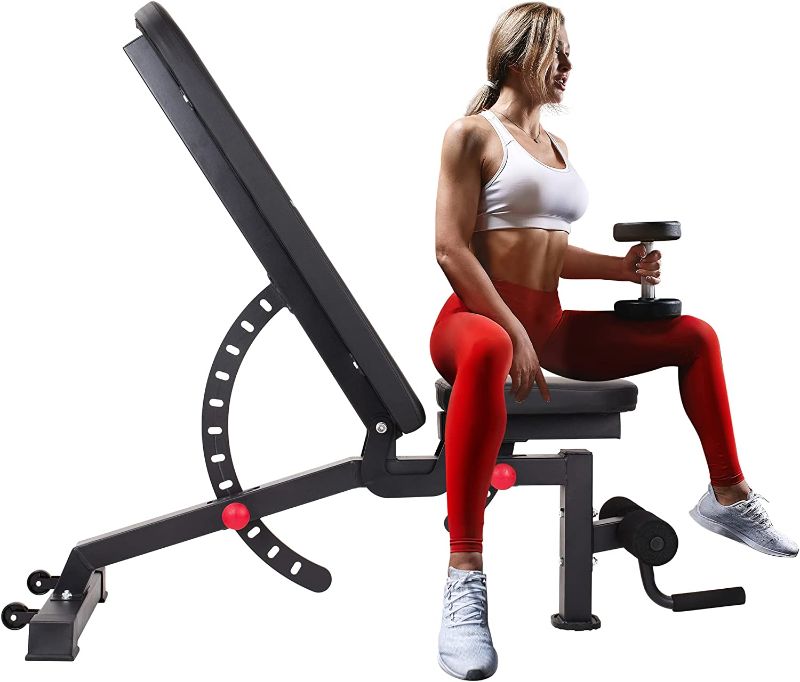 Photo 1 of ELASLE Adjustable Weight Bench - Steel Workout Bench with Flat, Incline, Vertical, Decline Settings for Bench Press, Strength Training, Work Out - Ergonomic Design - Home Gym Equipment --- Box Packaging Damaged, Item is New