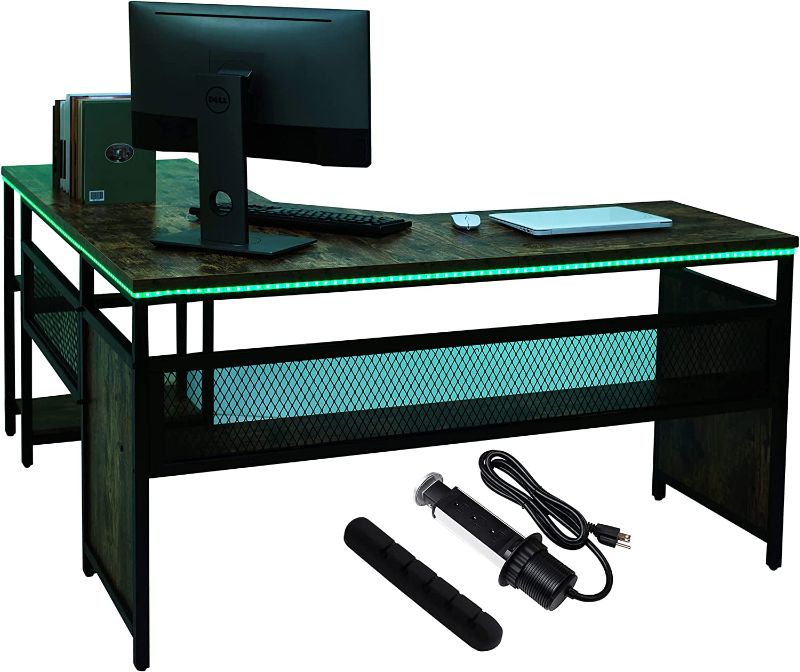 Photo 1 of OPORIUS L Shaped Desk with Shelf 63x22 -Corner Desk with Shelves for Home, Office -L Shaped Table with Keyboard Drawer, Adjustable Layers, Pop-Up Socket for Working, Studying, Gaming -With Accessories
