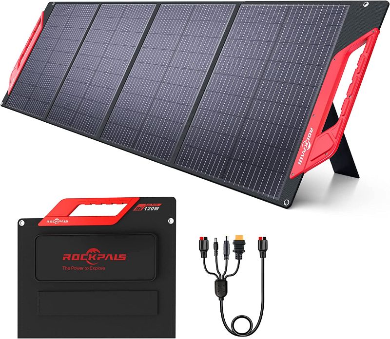 Photo 1 of ROCKPALS 120W Portable Solar Panels with Kickstand, Foldable Solar Panel Charger for ROCKPALS/Jackery/BLUETTI/ECOFLOW Power Station Solar Generator and USB C & QC 3.0 for USB Devices Off Grid
