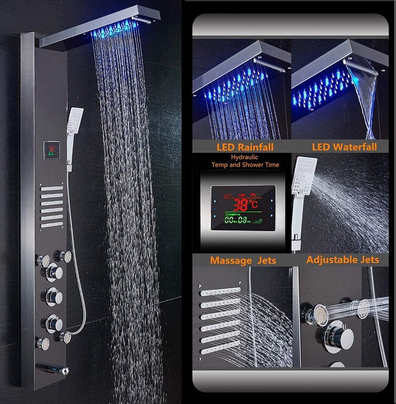 Photo 1 of ELLO&ALLO LED Shower Panel Tower System, Hydroelectricity Display Rain Massage with Jets, Brushed Black
