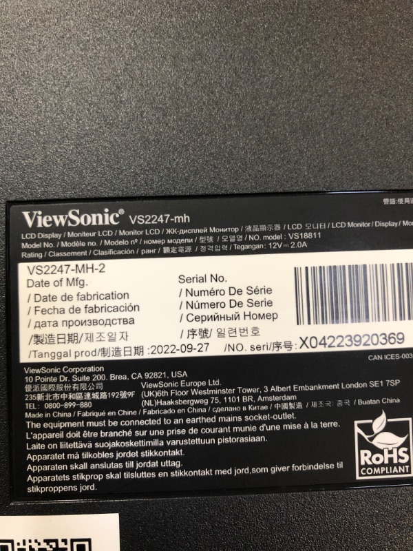 Photo 6 of ViewSonic VS2247-MH 22 Inch 1080p Monitor with 75Hz, Adaptive Sync, Thin Bezels, Eye Care, HDMI, VGA Inputs for Home and Office 22-Inch Thin-Bezels
