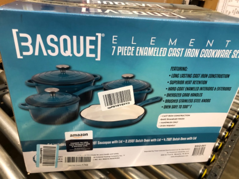 Photo 3 of Basque Enameled Cast Iron Cookware Set, 7-Piece Set (Biscay Blue), Nonstick, Oversized Handles, Oven Safe; Skillet, Saucepan, Small Dutch Oven, Large Dutch Oven