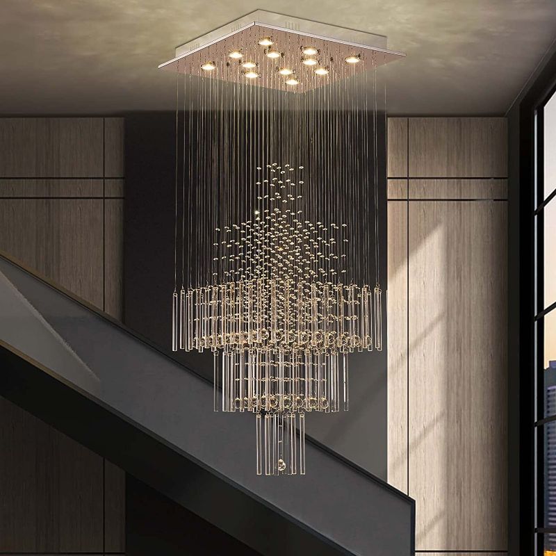 Photo 1 of 7PM Foyer Chandeliers Entryway High Ceiling, 12-Light Square Raindrop Crystal Chandeliers, Flush Mount Ceiling Light Fixtures, Dimmable, Adjustable Color Temperature, Modern Chandeliers for Staircase
