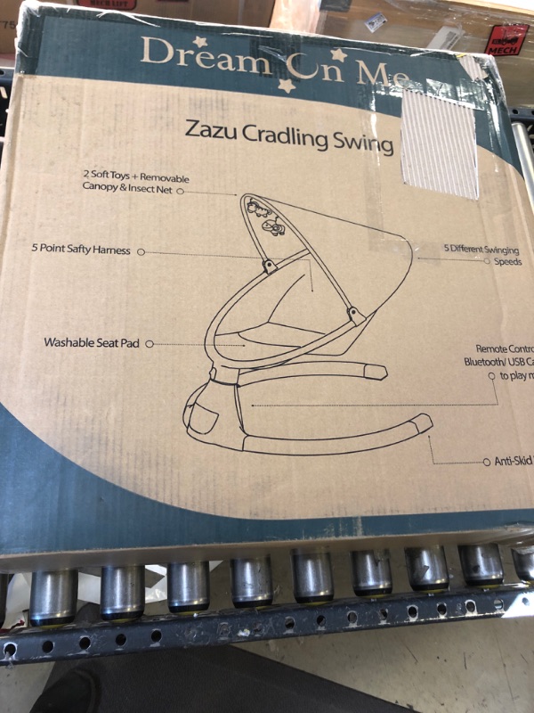 Photo 2 of Dream On Me Zazu Baby Swing, Baby Swing for Infant, 5 - Swinging Speed, Two Attached Toys, Bluetooth Enabled and Remote Control, Grey and Blue