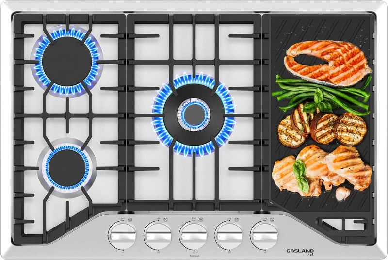 Photo 1 of 30 Inch Gas Cooktop with Griddle, GASLAND Chef PRO GH3305SF 5 Burner Gas Stovetop with Reversible Cast Iron Grill/Griddle, Gas Countertop Plug-in, NG/LPG Convertible Gas Cooktops, Stainless Steel
