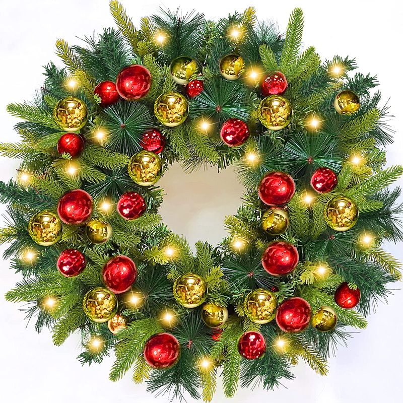 Photo 1 of [ Large Thick & Timer ] 26 Inch 80 Lights Pre-lit Artificial Christmas Wreath Decoration Realistic Feel for Front Door Battery Operated 40 Xmas Ball Ornaments 228 Branch Christmas Indoor Outdoor Home
