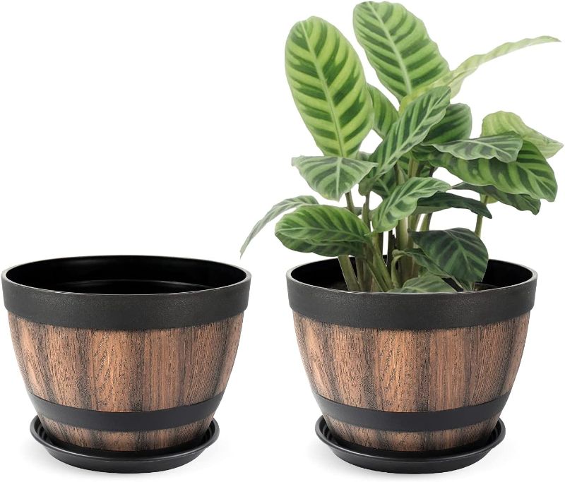 Photo 1 of 9 Inch Plant Pots with Drainage Holes & Saucer,2 Pack Decoration Flower Pots Canbe Used for Indoor Outdoor.Resin Whiskey Barrel Planters Imitation Wooden Barrel Design,Lightweight,no Fade.( Brown)
