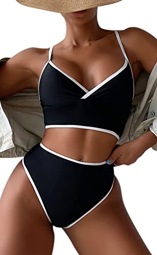 Photo 1 of B2prity Women Two Piece V Neck Swimsuits High Cut Tummy Control Bathing Suit High Waist Bikini Set Contrast Swimwear Black XL