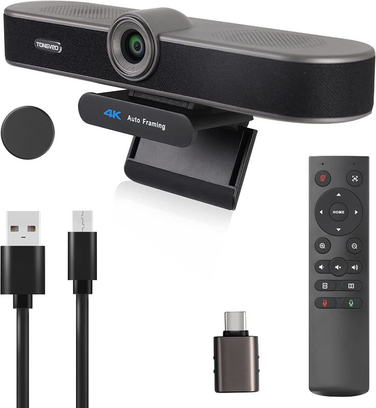 Photo 1 of TONGVEO Zoomable 4K Webcam with Microphones and Speaker, 4X Digital Zoom ePTZ Video Conference Web Camera with Remote and Privacy Cover AI Auto Framing Streaming Webcam for Zoom,Skype
