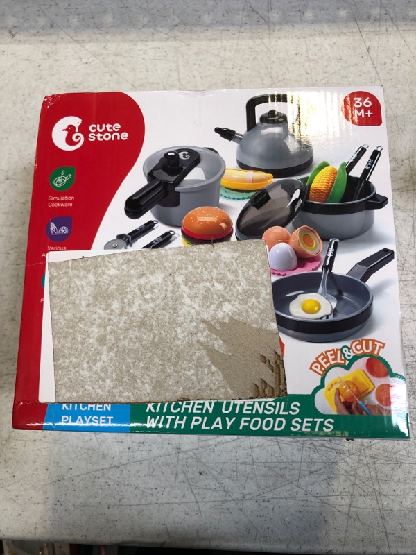 Photo 3 of Cute Stone Kids Kitchen Pretend Play Toys,Play Cooking Set, Cookware Pots and Pans Playset, Peeling and Cutting Play Food Toys, Cooking Utensils Accessories, Learning Gift for Toddlers Baby Girls Boys Gray