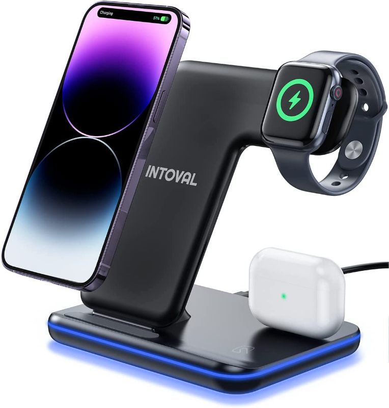 Photo 1 of Intoval Wireless Charger, 3 in 1 Charger for iPhone/iWatch/Airpods, Qi-Certified Charging Station for iPhone 13/12/11/Pro/Max/XS/Max/XR/XS/X, iWatch...
