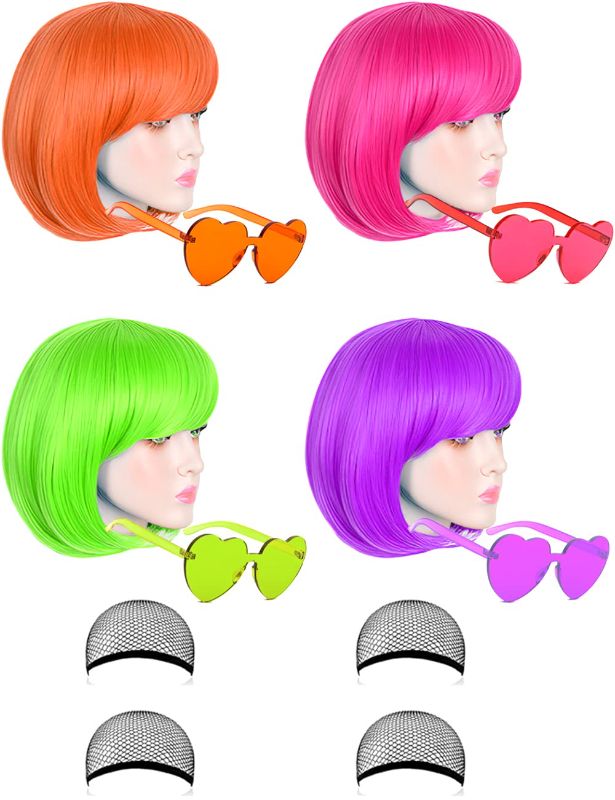 Photo 1 of 4 Pack Colored Wigs, Funky Colorful Wigs, Short Bob Hair Wigs, Neon Party Wigs, Cosplay Wigs with Rimless Heart Shape Sunglasses - One Size for All Women...
