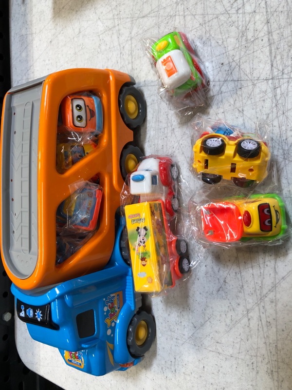 Photo 2 of 9 pcs Cars Toys for 2 3 4 5 Years Old Toddlers, Big Carrier Truck with 8 Small Cartoon Pull Back Cars, Colorful Assorted Vehicles, Transport Truck with Sound and Light, Best Gift for Boy and Girl