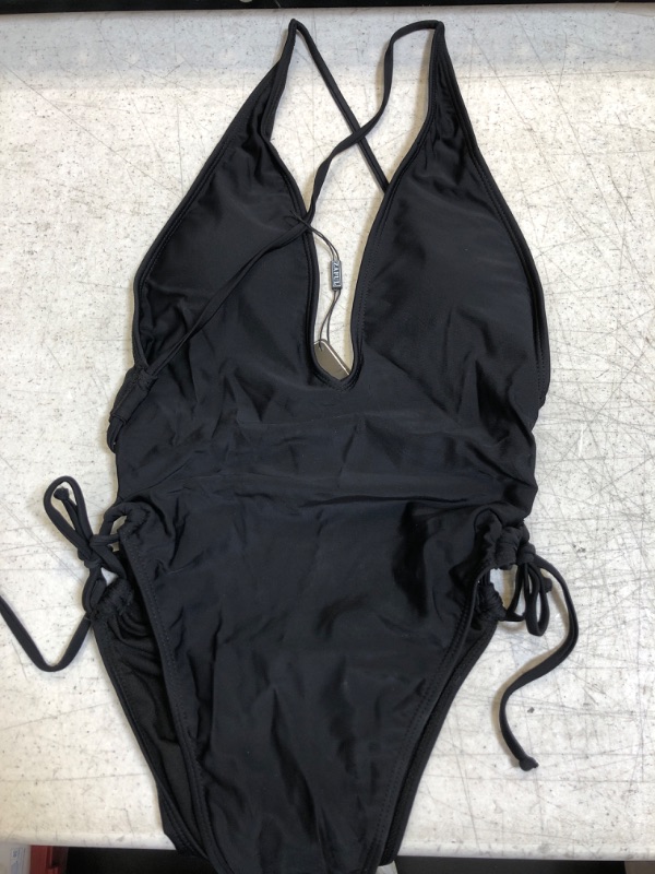 Photo 2 of ZAFUL Women's Sexy Plunging Neck Solid Color One Piece Swimwear Small Bee Black
