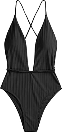 Photo 1 of ZAFUL Women's Sexy Plunging Neck Solid Color One Piece Swimwear Small Bee Black