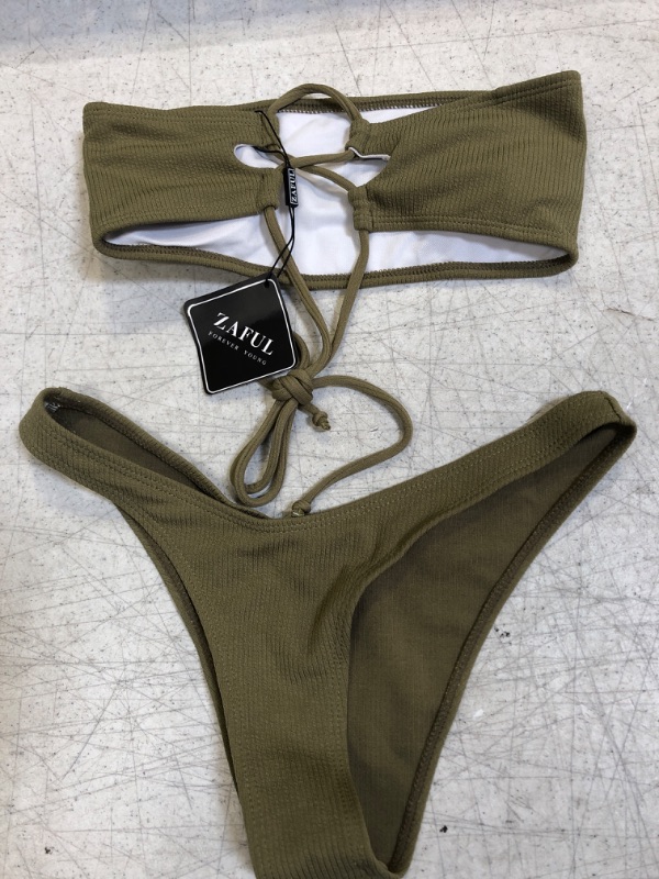 Photo 2 of ZAFUL Women Strapless Ribbed High Cut Bandeau Bikini Set Pea Green Large