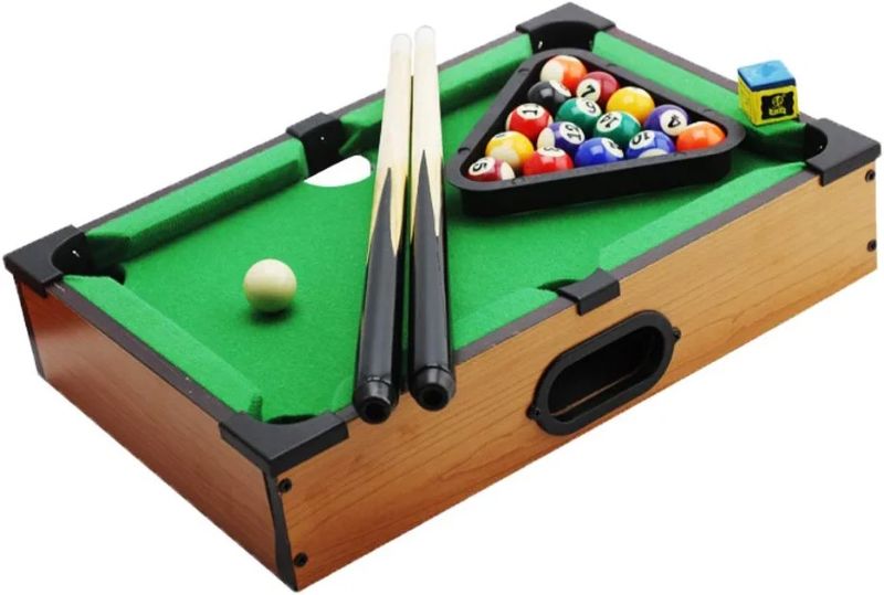 Photo 1 of  Mini Pool Table & Billiard Set | Small Billiards Balls, Pool Cues, Triangle Rack, Chalk Desk Games for Travel,Friende, Office
-TABLE HAS SOME DUST AS PICTURED; AND SMALL TEAR IN FABRIC-