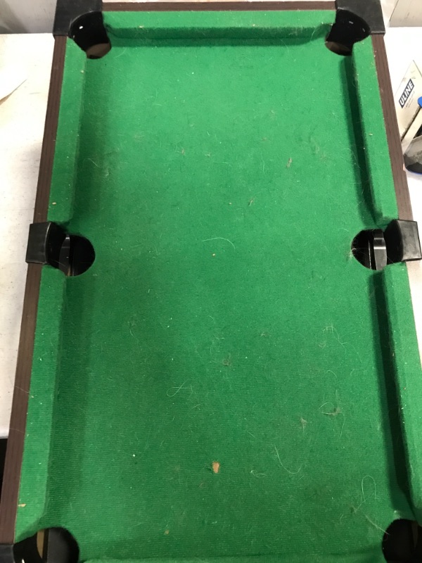 Photo 2 of  Mini Pool Table & Billiard Set | Small Billiards Balls, Pool Cues, Triangle Rack, Chalk Desk Games for Travel,Friende, Office
-TABLE HAS SOME DUST AS PICTURED; AND SMALL TEAR IN FABRIC-