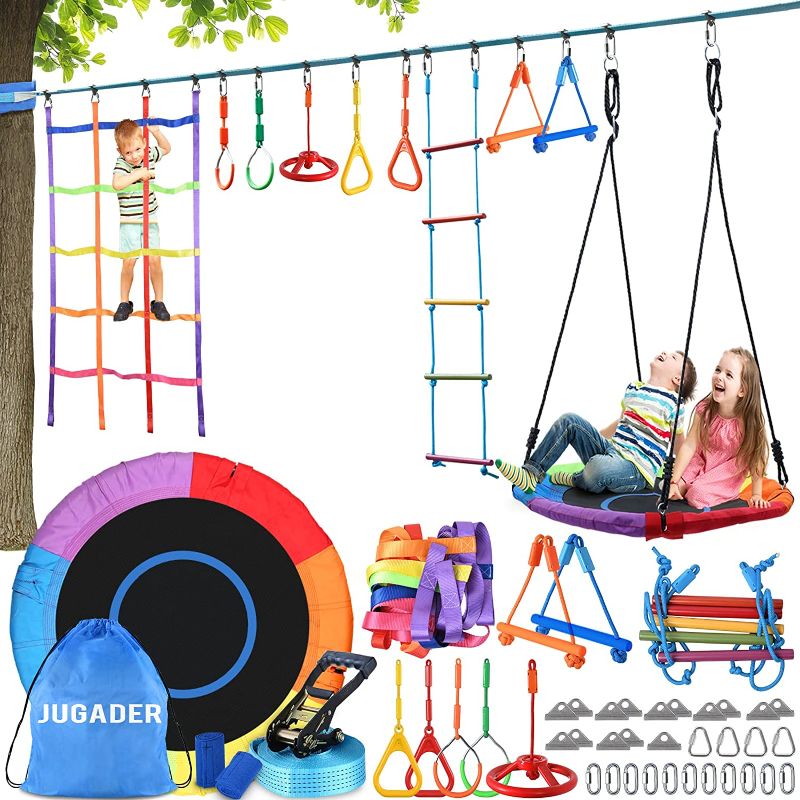 Photo 1 of Jugader 50FT Ninja Warrior Obstacle Course for Kids with Saucer Swing, Colorful Net, Climbing Ladder, Ninja Wheel, Monkey Bars, Gym Rings
