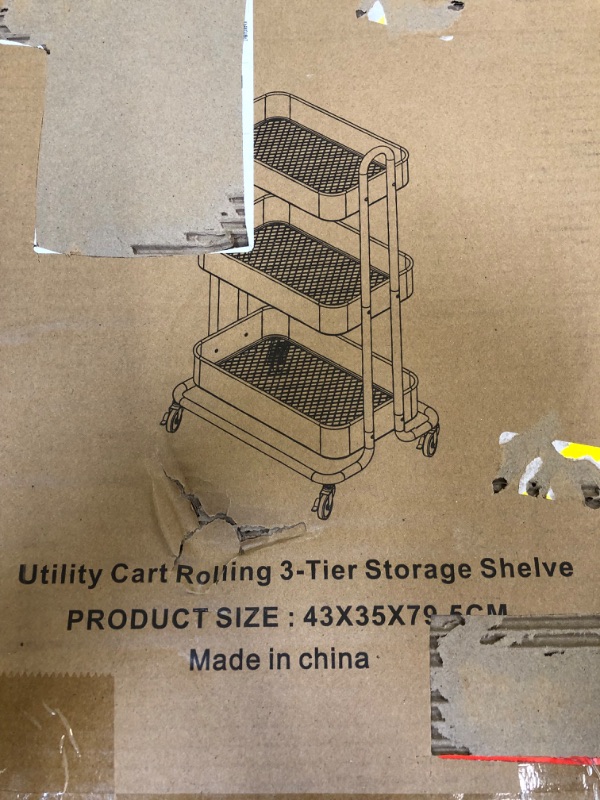 Photo 2 of 3 Tier Mesh Utility Cart, Rolling Metal Organization Cart with Handle and Lockable Wheels