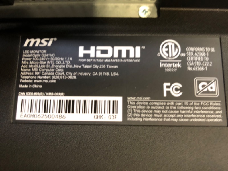 Photo 4 of MSI G241VC, 24" Gaming Monitor, 1920 x 1080 (FHD), VA, 75Hz, FreeSync, VGA Port HDMI, Tilt 24" G241VC