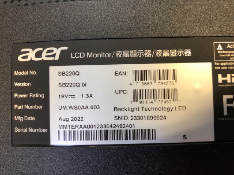 Photo 3 of Acer 21.5 Inch Full HD (1920 x 1080) IPS Ultra-Thin Zero Frame Computer Monitor (HDMI & VGA Port), SB220Q bi