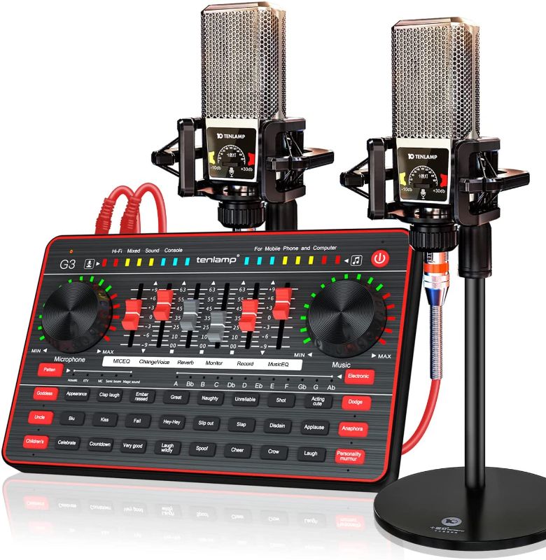 Photo 1 of Audio Mixer with Sound Card, tenlamp Two 3.5mm Studio Condenser Microphone and G3 Audio interface, Sound Board Voice Changer, Podcast Equipment Bundle for PC Recording Gaming Live Streaming Podcast
