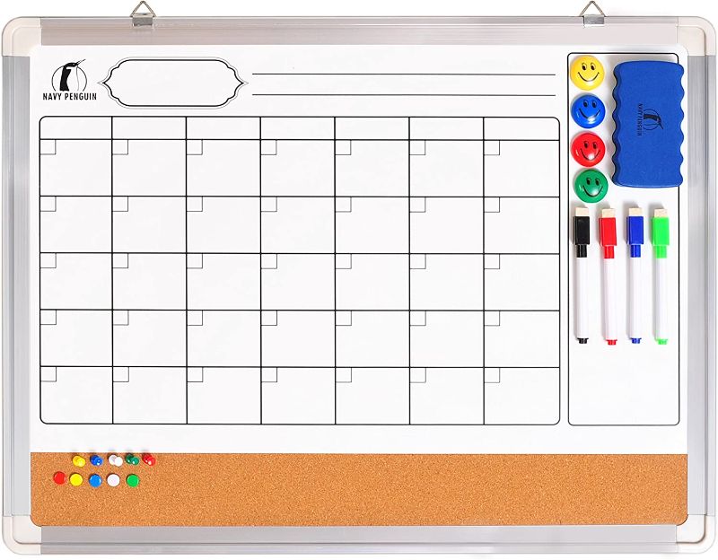 Photo 1 of Whiteboard Monthly Wall Calendar Set - 24 x 18 inch Magnetic Dry Erase/Cork Board Planner with 1 Eraser, 4 Dry Wipe Markers, 4 Magnets and 10 Thumb Tacks - Small Hanging Framed White Bulletin Board
