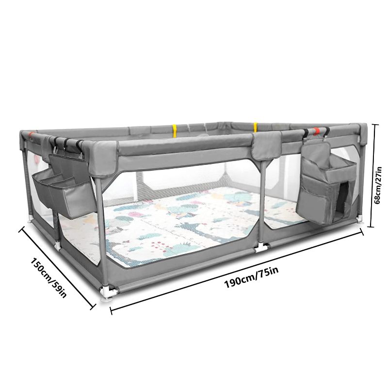 Photo 2 of Baby Playpen Set(Grey 75"*59"), playpen for Babies and Toddlers, Portable Extra Large Baby Fence Area with Anti-Slip Base, Safety Play Center Yard Home Indoor & Outdoor with Play Mat
