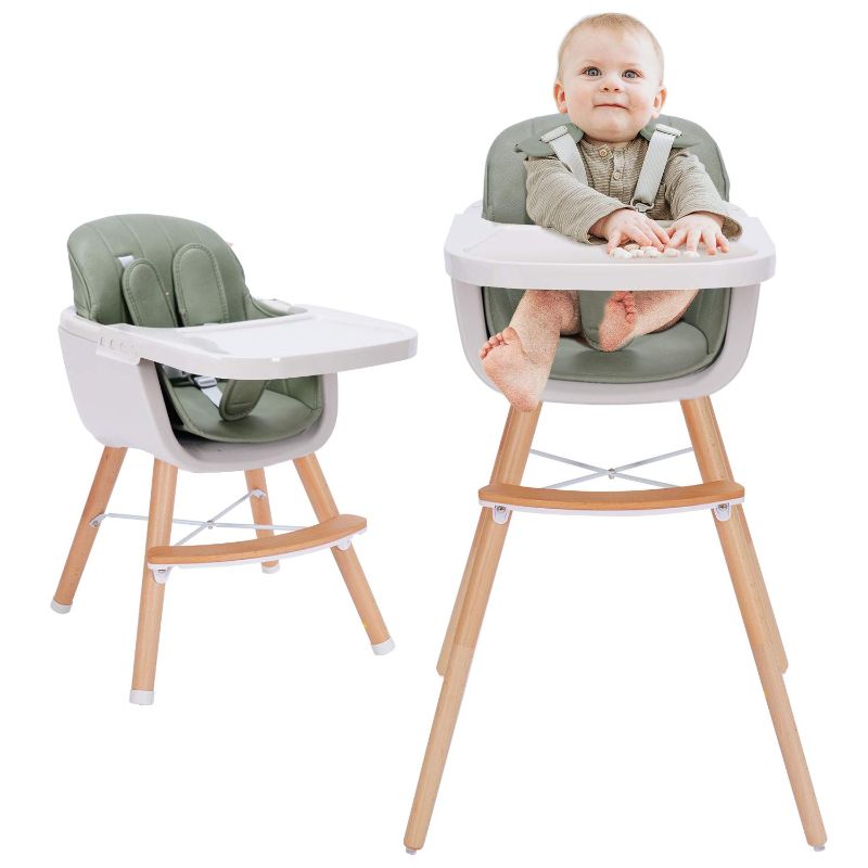 Photo 1 of 3-in-1 Wooden High Chair Made of Sleek Hardwood & Premium Leatherette, Baby Highchair with Adjustable Legs & Dishwasher Safe Tray, Green Color
