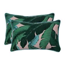 Photo 1 of 2pk Swaying Palms Rectangular Outdoor Throw Pillow Capri Blue - Pillow Perfect 24 in

