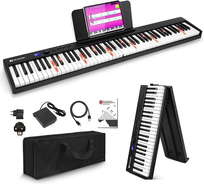 Photo 1 of Vangoa Folding Piano Keyboard 88 Key Full Size Semi-Weighted Bluetooth Portable Foldable Electric Keyboard Piano with Light up Keys, Sheet Music Stand, Sustain Pedal and Handbag, Black
