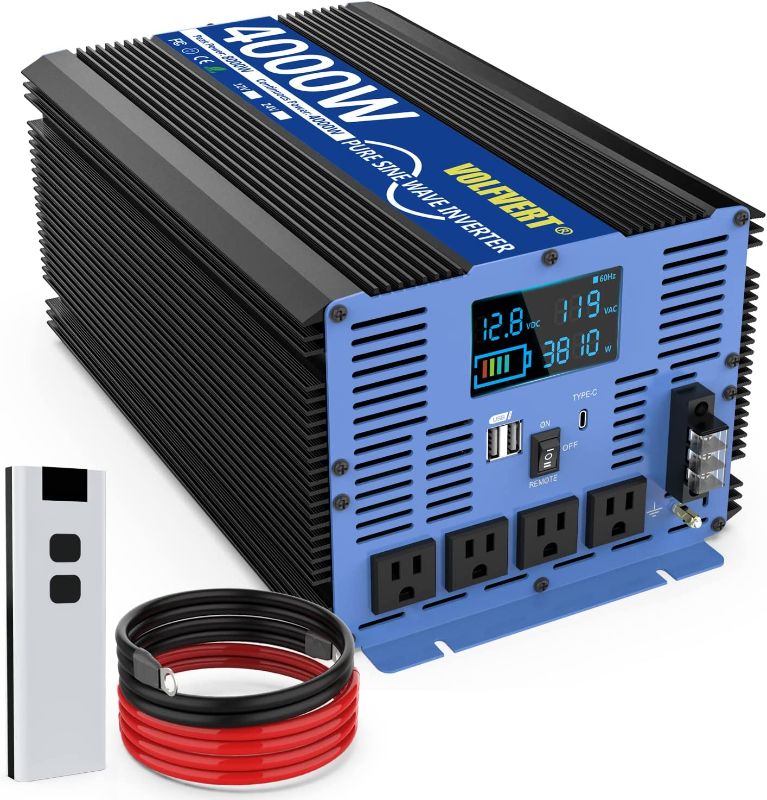 Photo 2 of 4000W Pure Sine Wave Power Inverters DC 12V to AC 110V 120V with Type-C Port 4 AC Outlets Dual USB Ports AC Terminal Blocks LCD Display Wireless Remote Controller for Home RV Solar System Car
