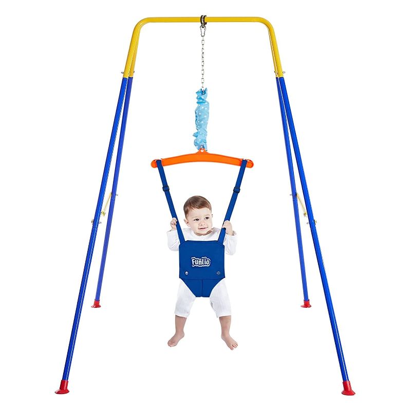 Photo 1 of FUNLIO Baby Jumper with Stand for 6-24 Months, Infant Jumper for Indoor/Outdoor Play, Toddler Jumper for Baby Girl/Boy, with Adjustable Chain, Easy to Assemble & Store (with Stand)
