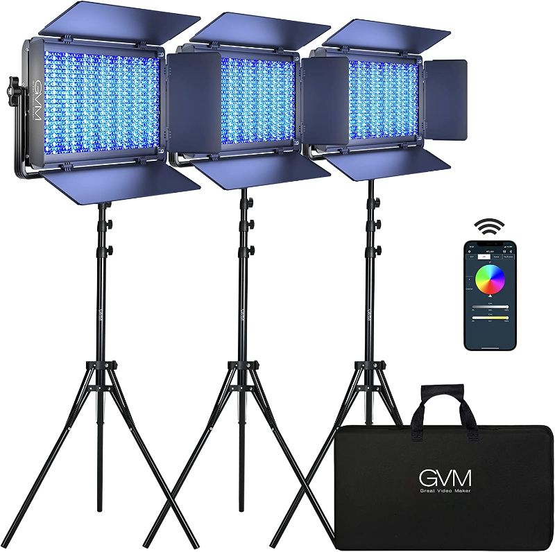 Photo 1 of GVM 1500D RGB LED Video Light, 75W Video Lighting Kit with Bluetooth Control, 3 Packs Led Panel Light for Photography, YouTube Studio, Video Shooting, Broadcasting, Conference, 1128 Led Beads
