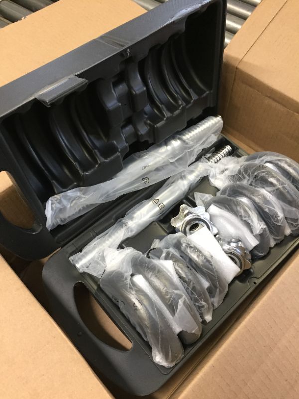 Photo 1 of Amazon Basics Adjustable Barbell Lifting Dumbbells Weight Set with Case, 38 Pounds, Black -- ONE LATCH BROKEN OFF ON CASE