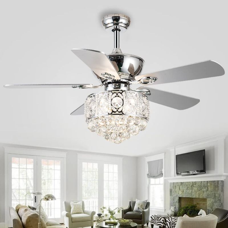 Photo 1 of Tropwellhouse 52Inch Crystal Ceiling Fan with Lights 3 Speed Remote Control Elegant Crystal 5 Wood Blades Chrome Ceiling Fan Decoration Home
