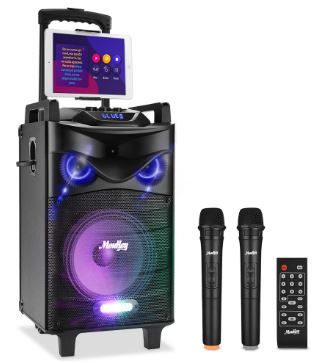 Photo 1 of Moukey Karaoke Machine, PA System Subwoofer, Portable Bluetooth Speaker w/ 2 Wireless Microphones, Lyrics Display Holder, Party Lights & Echo/Treble/Bass Adjustment, Support TWS/REC/AUX/MP3/USB/TF/FM 10" Subwoofer