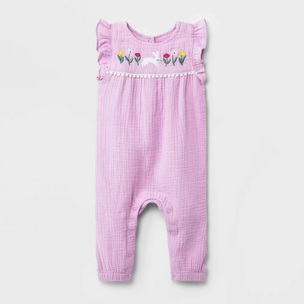 Photo 1 of Baby Girls' Bunny Embroidery Gauze Romper - Cat & Jack Lavender 12M, Purple
