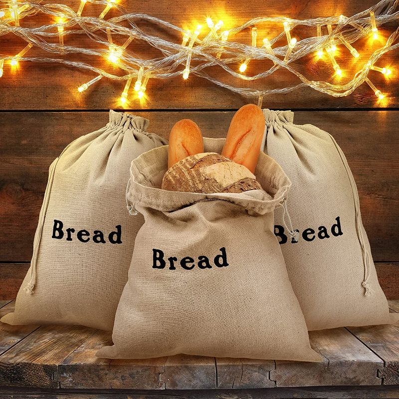 Photo 1 of 3 Pieces Linen Bread Bags Large Burlap Reusable Drawstring Bread Bags 12 x 15 Inch Unbleached Loaves Pastries Bags Handmade Food Storage for Bakery Picnic Wedding Wrapping Camping
