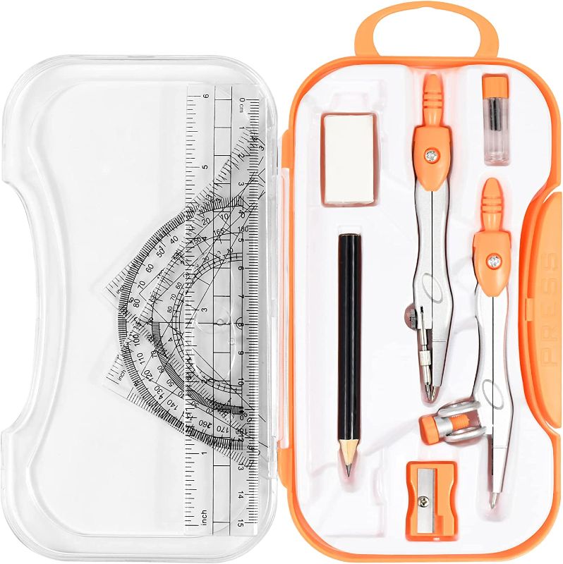 Photo 1 of 10 Pieces Math Geometry Kit Set Student Supplies with Shatterproof Storage Box,Includes Rulers,Protractor,Compass,Eraser,Pencil Sharpener,Lead Refills,Pencil,for School and Drawings Orange