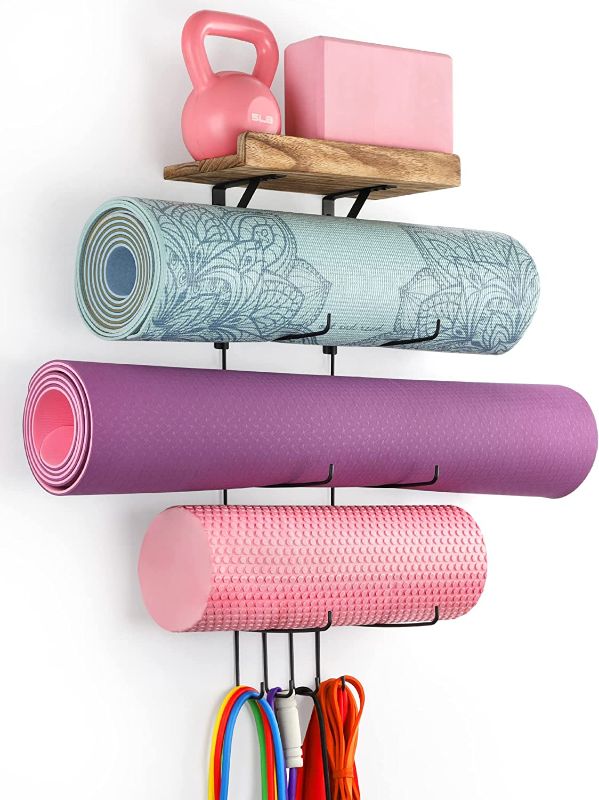 Photo 1 of Yoga Mat Holder Accessories Wall Mount Organizer Storage Decor Foam Roller and Towel Storage Rack with 4 Hooks and Wooden Shelves Yoga Mats Rack Resistance...
