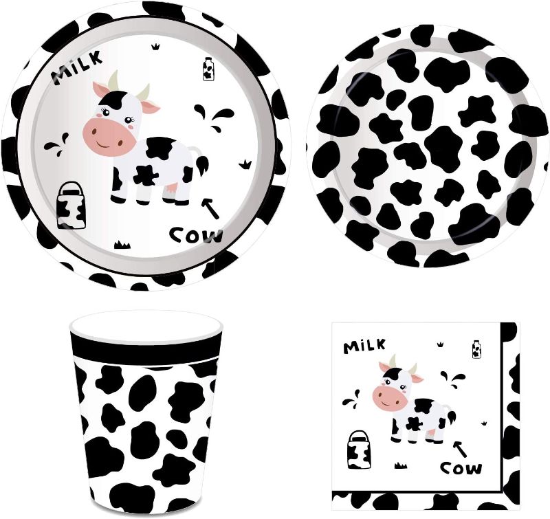 Photo 1 of Cow Party Supplies,Milk Birthday Decorations including Disposable Plates,Dessert Plates,Cups,Napkins(16 Guests-88pcs) -- FACTORY SEALED 
