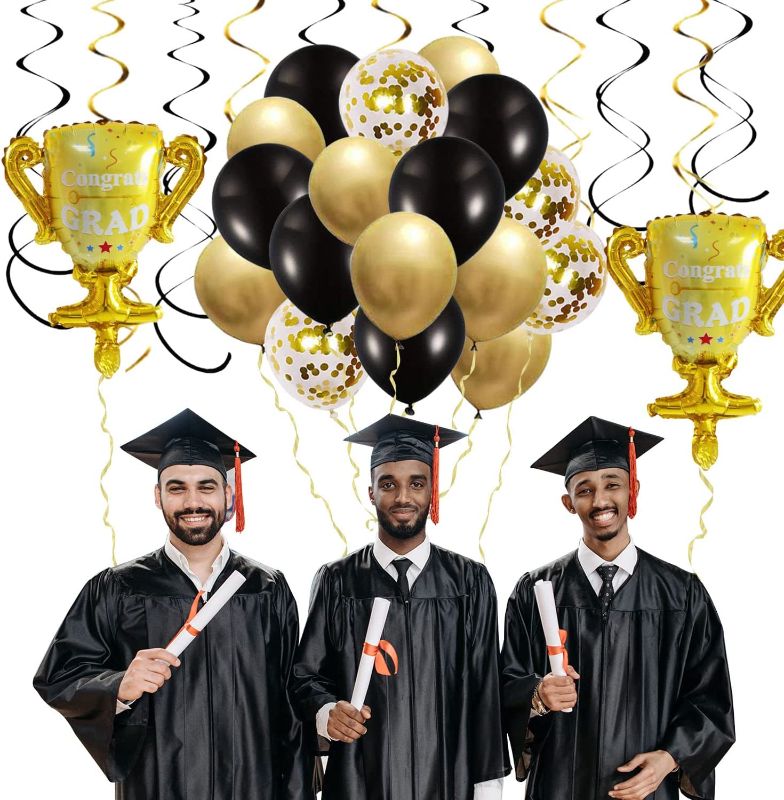 Photo 1 of YSF 84PCS 2022 Graduation Party Decorations, Black and Gold Balloons Graduation Backdrop Paper Pompoms Hanging Swirls MiNi Trophy Party Balloons for Grad Party Decoration Supplies
