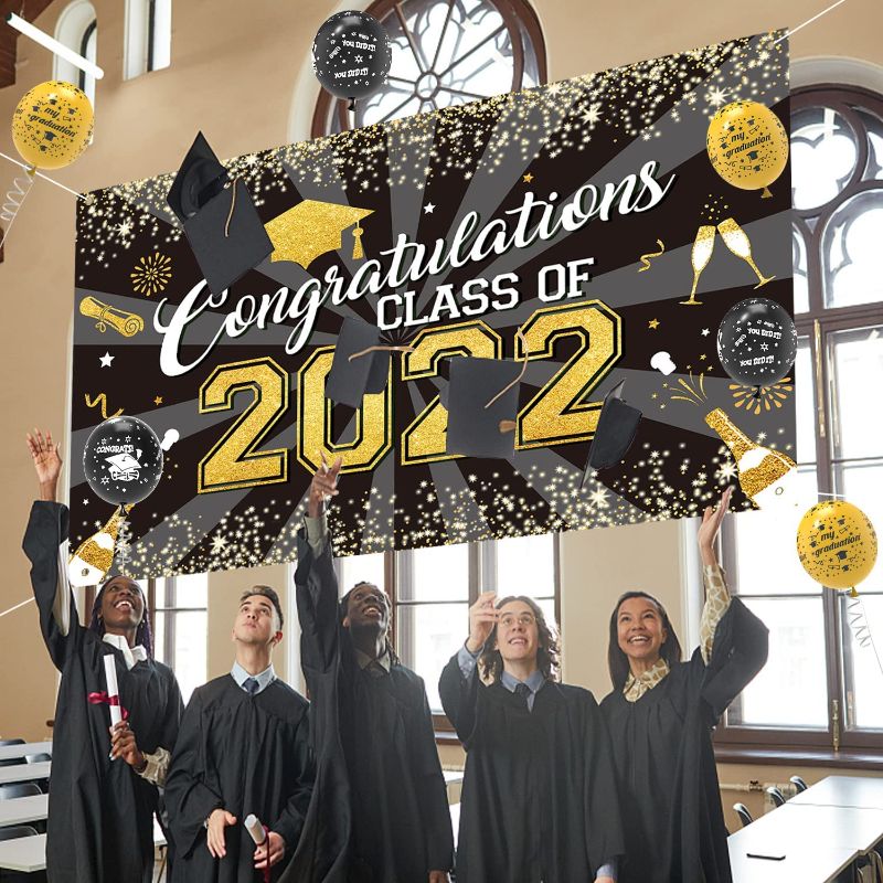 Photo 1 of  2 PACKS OF 18PCS Graduation Party Decorations 2022,Black Gold Class of 2022 Graduation Decorations,Large Graduation Backdrop Banner with Congrats Grad Balloons,Party Supplies for Outdoor Indoor 74*43inch(Black) --- FACTORY SEALED 