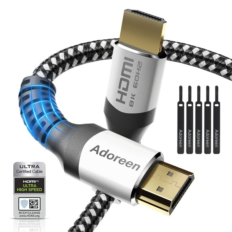 Photo 1 of Adoreen 8K HDMI 2.1 Cable (Certified) 16.5 feet, 48Gbps Braided HDMI Cord(1.5ft to 16.5ft) for 8K@60Hz 4K@120Hz 2K 1080P, Dynamic HDR, eARC HDCP2.2 Compatible PS5,PS4,Xbox,HD TV with 5 Cable Ties(5m)
