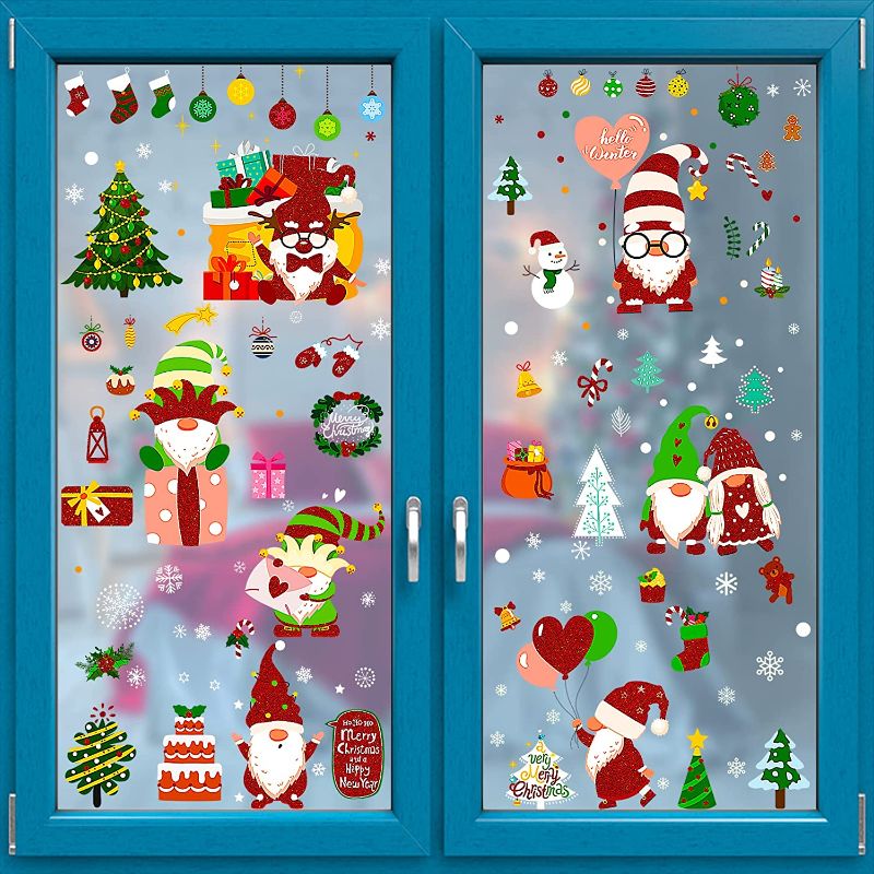 Photo 1 of 150pcs Christmas Window Clings, 9 Sheets Glitter Red Gnomes Christmas Window Stickers Double Sided Christmas Decals Xmas Holiday Decorations for Glass Windows
