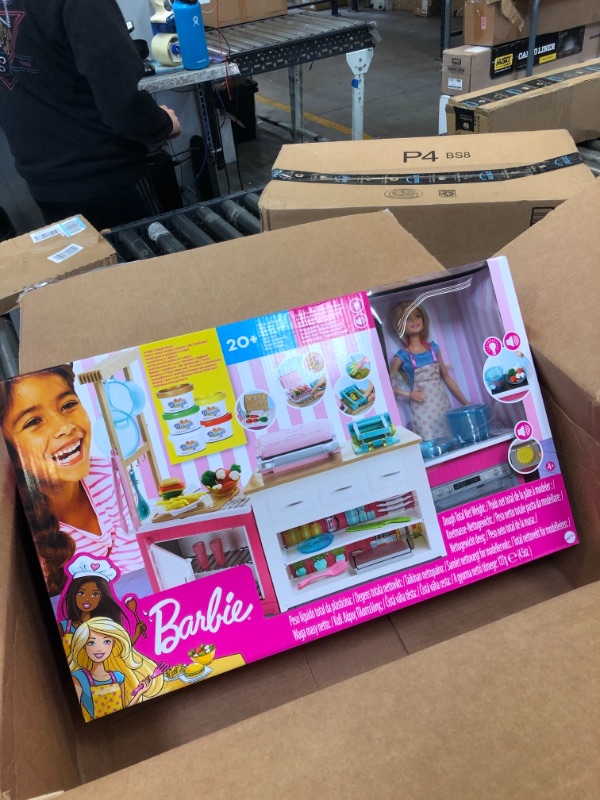 Photo 1 of Barbie Kitchen Playset with Doll, Lights & Sounds, Food Molds, 5 Dough Colors and 20+ Accessories Frustration Free