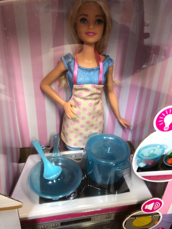 Photo 3 of Barbie Kitchen Playset with Doll, Lights & Sounds, Food Molds, 5 Dough Colors and 20+ Accessories Frustration Free